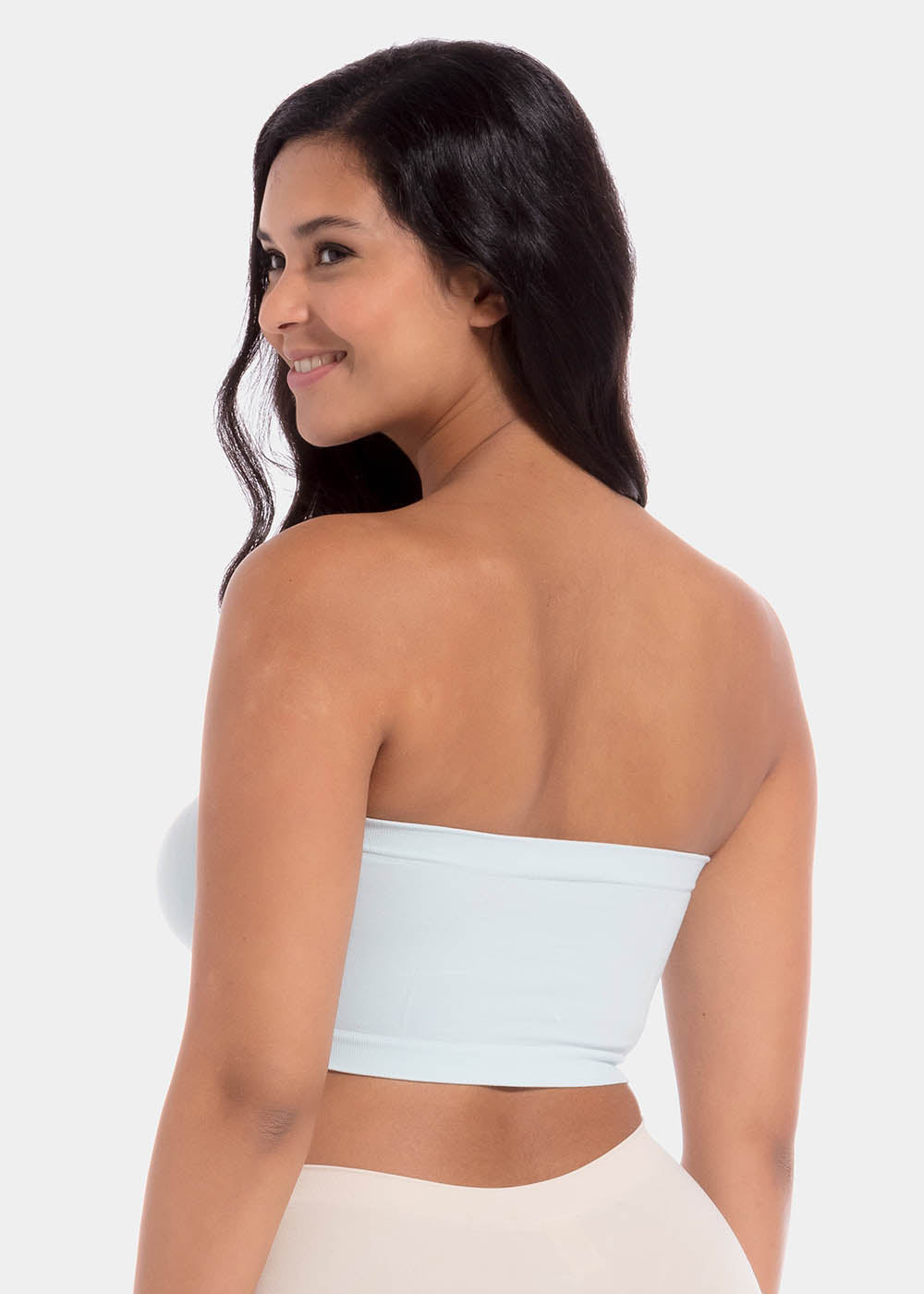 Back view of a model wearing the soft blue Bamboo Bandeau Bra, showcasing the seamless, strapless design in smooth bamboo fabric with a clean, comfortable finish.