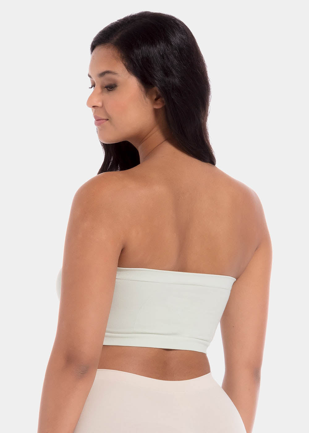 Back view of a model wearing the soft green Bamboo Bandeau Bra, showcasing the seamless, strapless design in smooth bamboo fabric with a clean, comfortable finish.