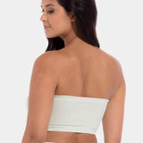 Back view of a model wearing the soft green Bamboo Bandeau Bra, showcasing the seamless, strapless design in smooth bamboo fabric with a clean, comfortable finish.