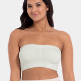 Front view of a model wearing the soft blue Bamboo Bandeau Bra, featuring a strapless, wireless design in ultra-soft bamboo fabric with removable pads and a smooth, seamless fit.