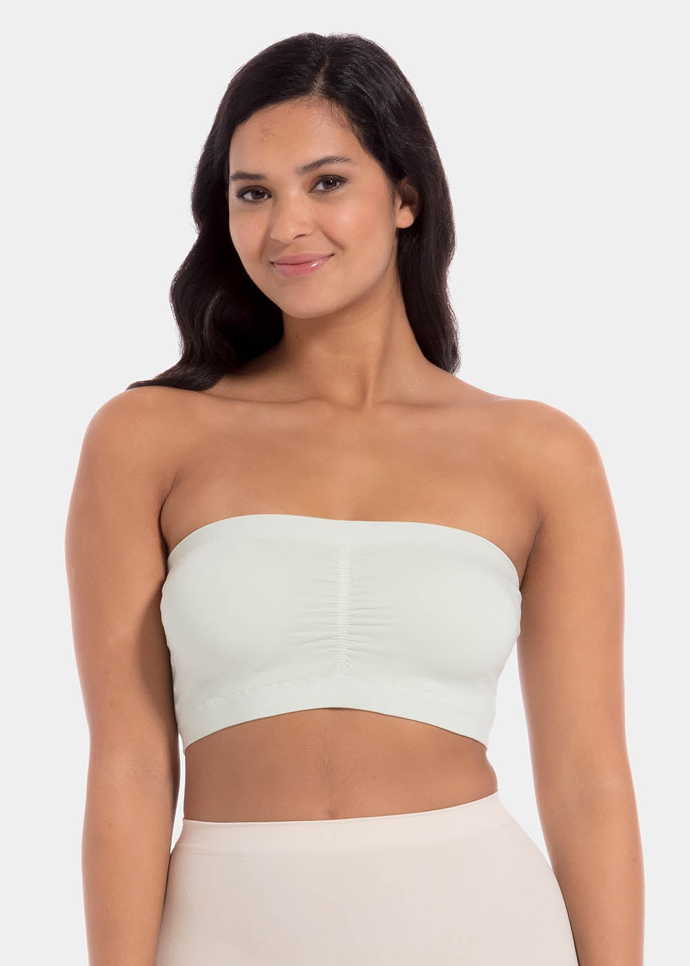 Front view of a model wearing the soft blue Bamboo Bandeau Bra, featuring a strapless, wireless design in ultra-soft bamboo fabric with removable pads and a smooth, seamless fit.