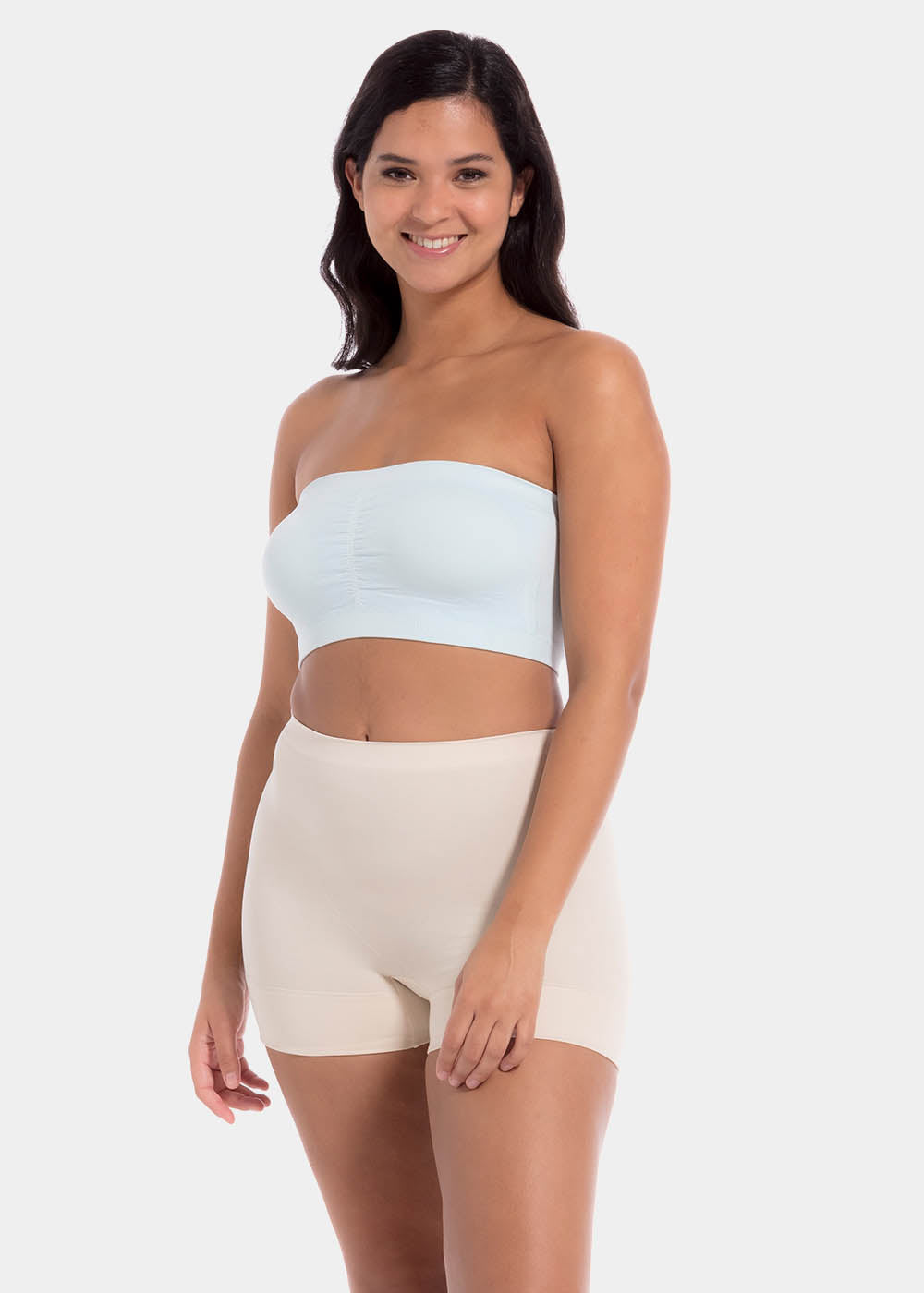 Front view of a model wearing the soft blue Bamboo Bandeau Bra, featuring a strapless, wireless design in ultra-soft bamboo fabric with removable pads and a smooth, seamless fit.
