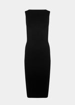 Still back product view of the black Bodycon Dress, showcasing the sleeveless midi-length silhouette, seamless finish, and smooth, curve-hugging design with a secure hem to prevent rolling.