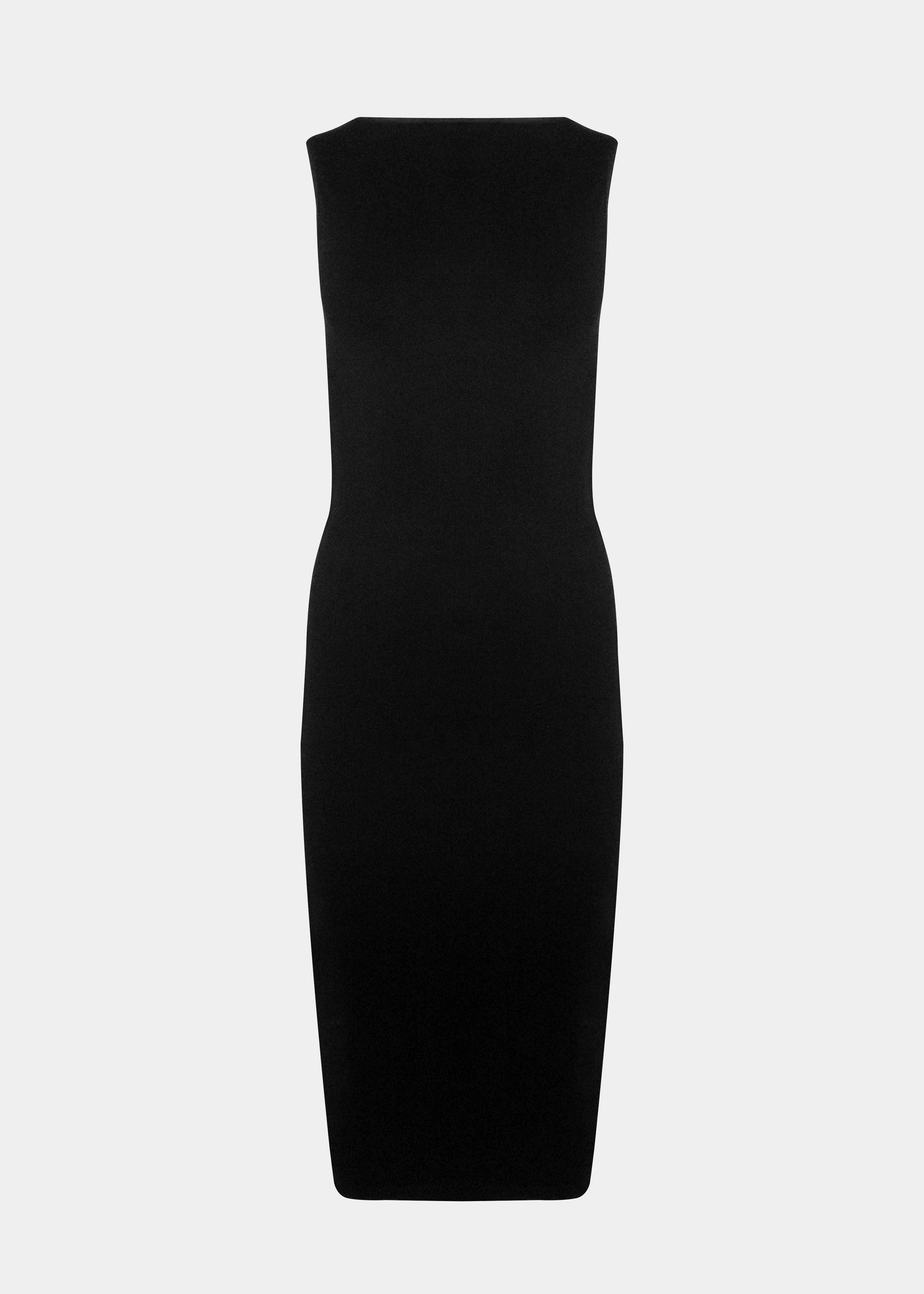 Still back product view of the black Bodycon Dress, showcasing the sleeveless midi-length silhouette, seamless finish, and smooth, curve-hugging design with a secure hem to prevent rolling.