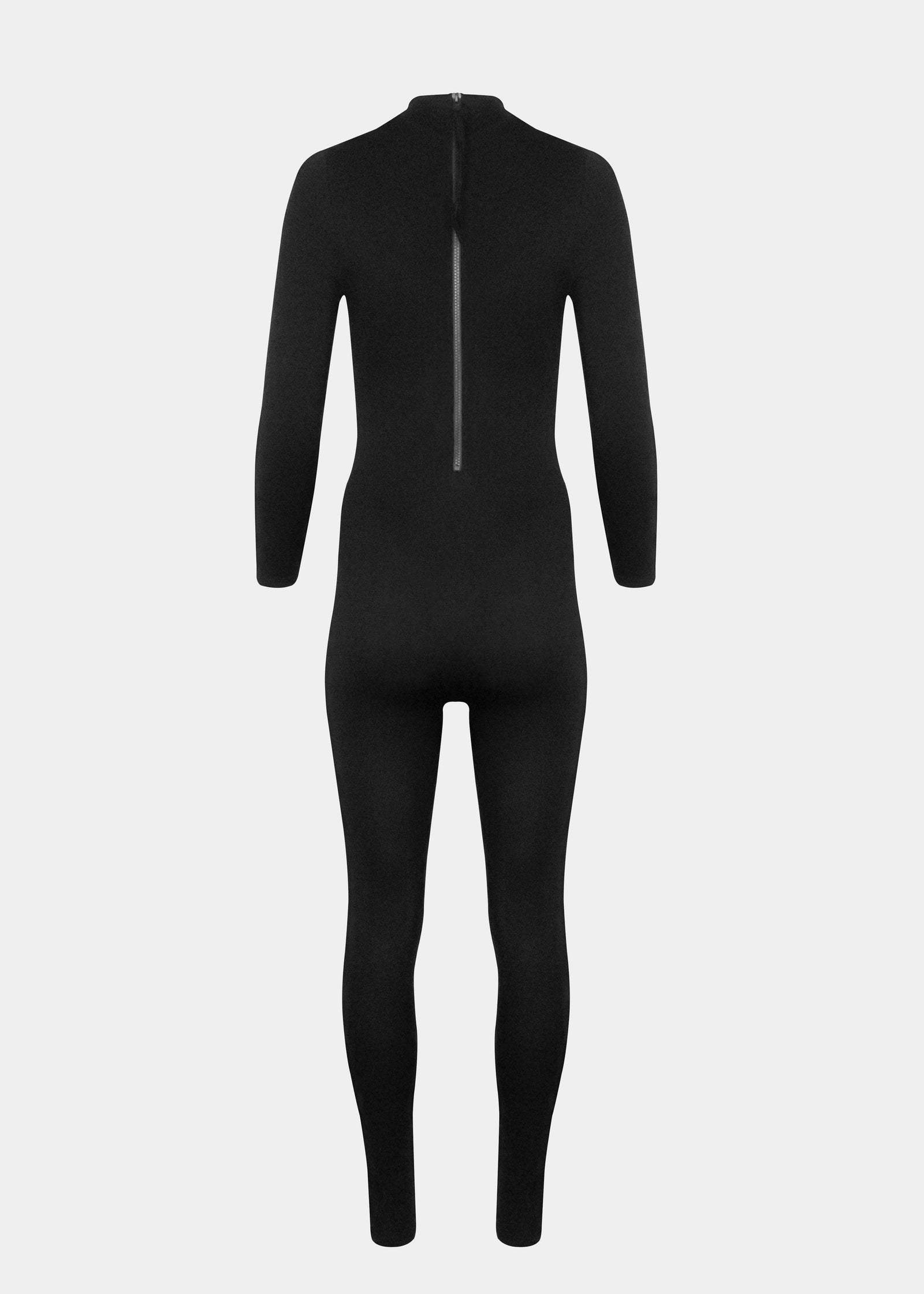 Still back product view of the black Bodycon Jumpsuit, highlighting the long back zipper for easy wear, the seamless finish, and the smooth, curve-hugging full-length silhouette.