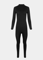 Still front product view of the black Bodycon Jumpsuit, showcasing the full-length long-sleeved design, seamless finish, flattering bust support, and soft, stretchy fabric that hugs the body for a sleek silhouette.