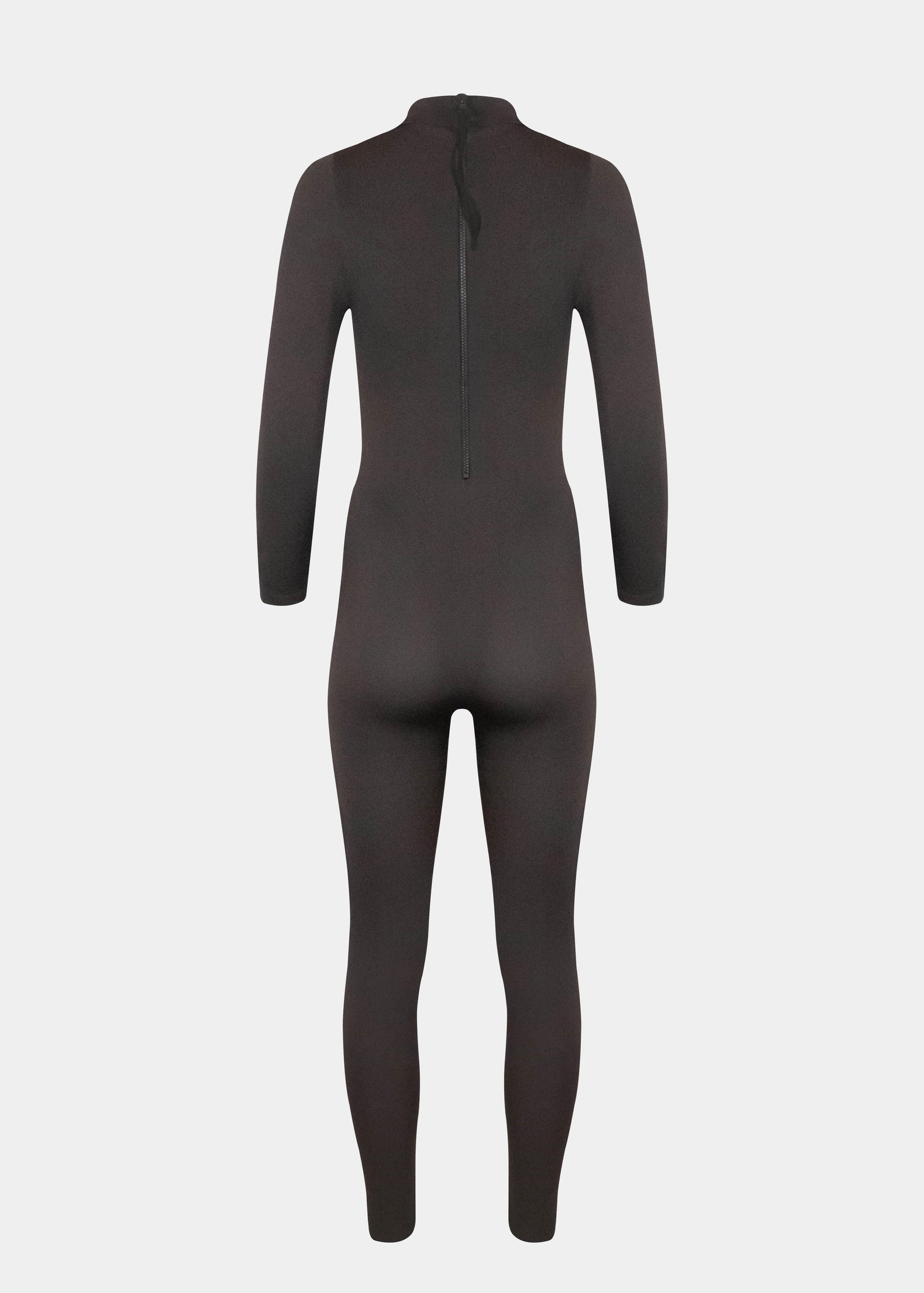 Still back product view of the chocolate-colored Bodycon Jumpsuit, highlighting the long back zipper, seamless finish, and smooth, full-length silhouette that hugs the body.