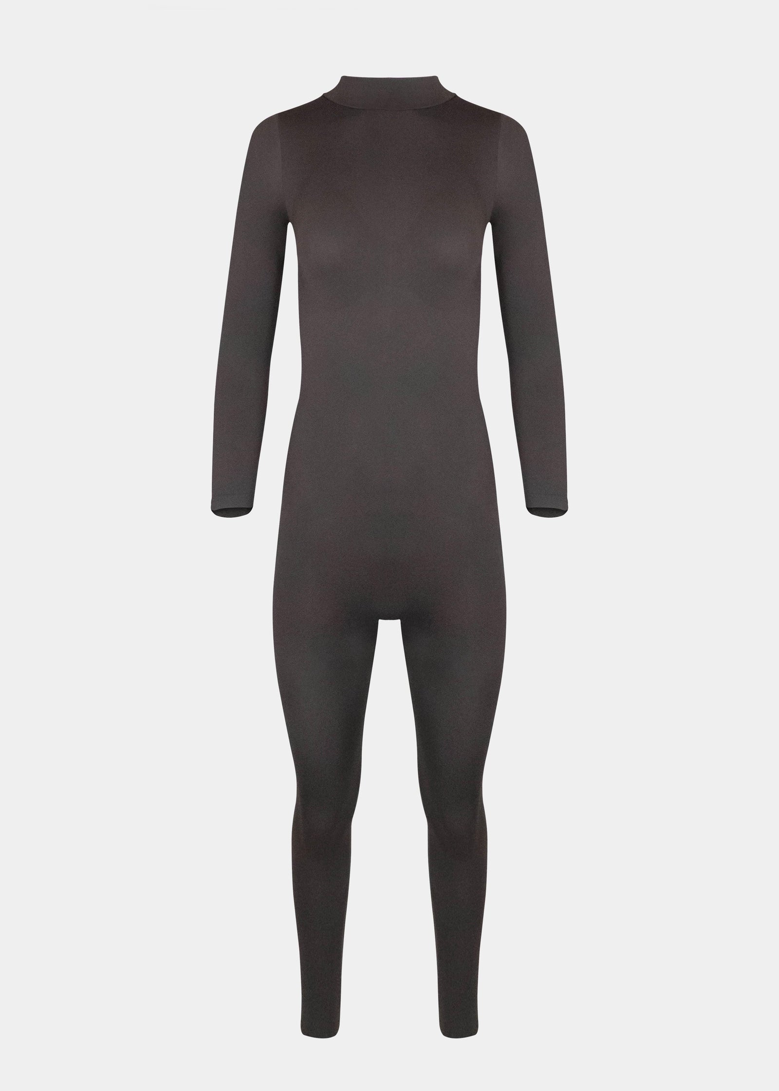 Still front product view of the chocolate-colored Bodycon Jumpsuit, showcasing the full-length long-sleeved design, seamless finish, flattering bust support, and soft, stretchy fabric for a sleek silhouette.