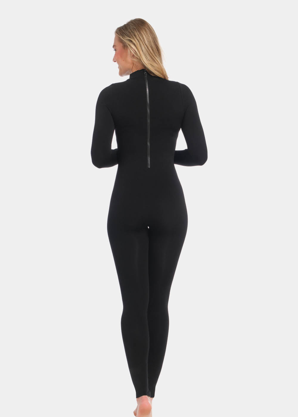 Back view of a model wearing the black Bodycon Jumpsuit, highlighting the long back zipper for easy pull-on, the seamless sculpting fit, and the smooth, curve-hugging silhouette.