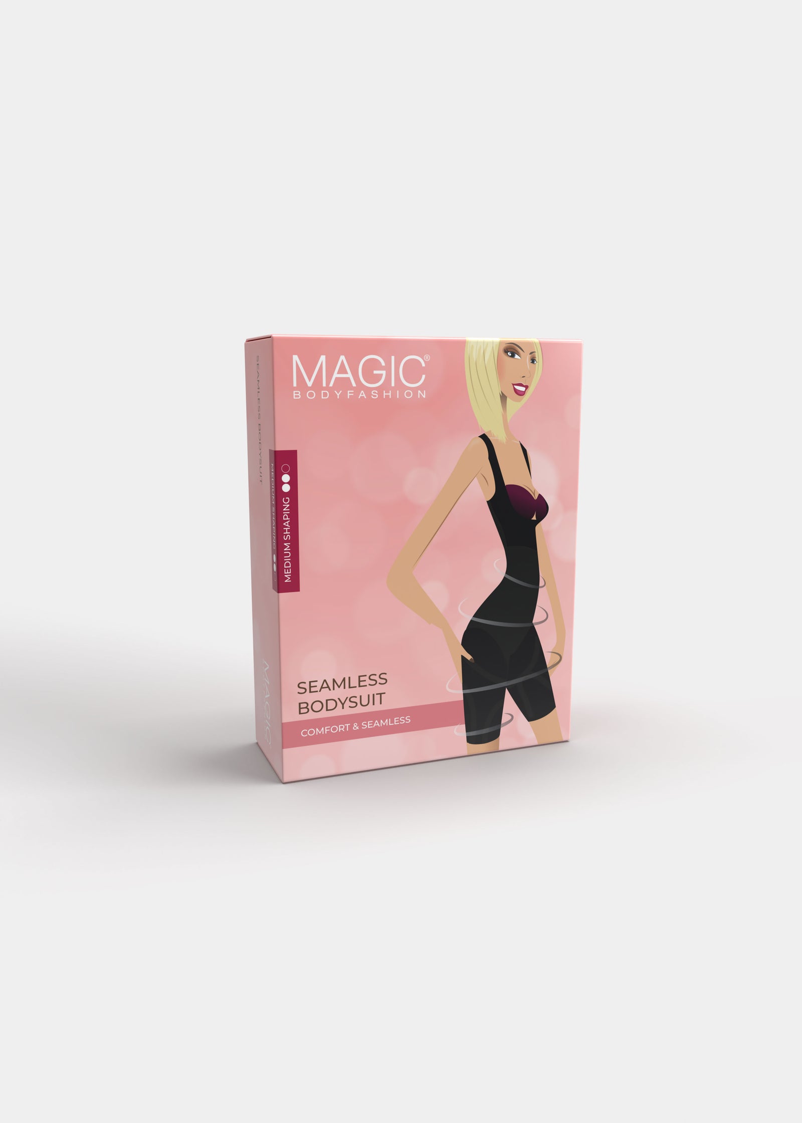Product packaging box of the Seamless Bodysuit, featuring branded design and product information on a sleek, minimal presentation box.