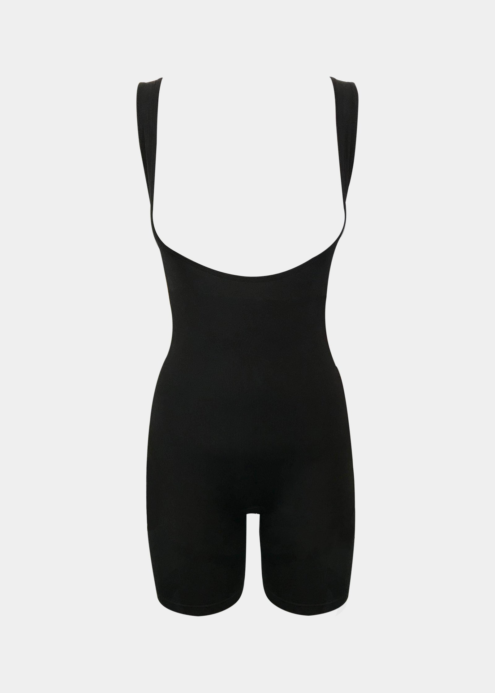 Front product-only view of the black Seamless Bodysuit in a wear-your-own-bra style, highlighting the seamless fabric, medium shaping panels through the tummy and waist, and a smooth, invisible finish.