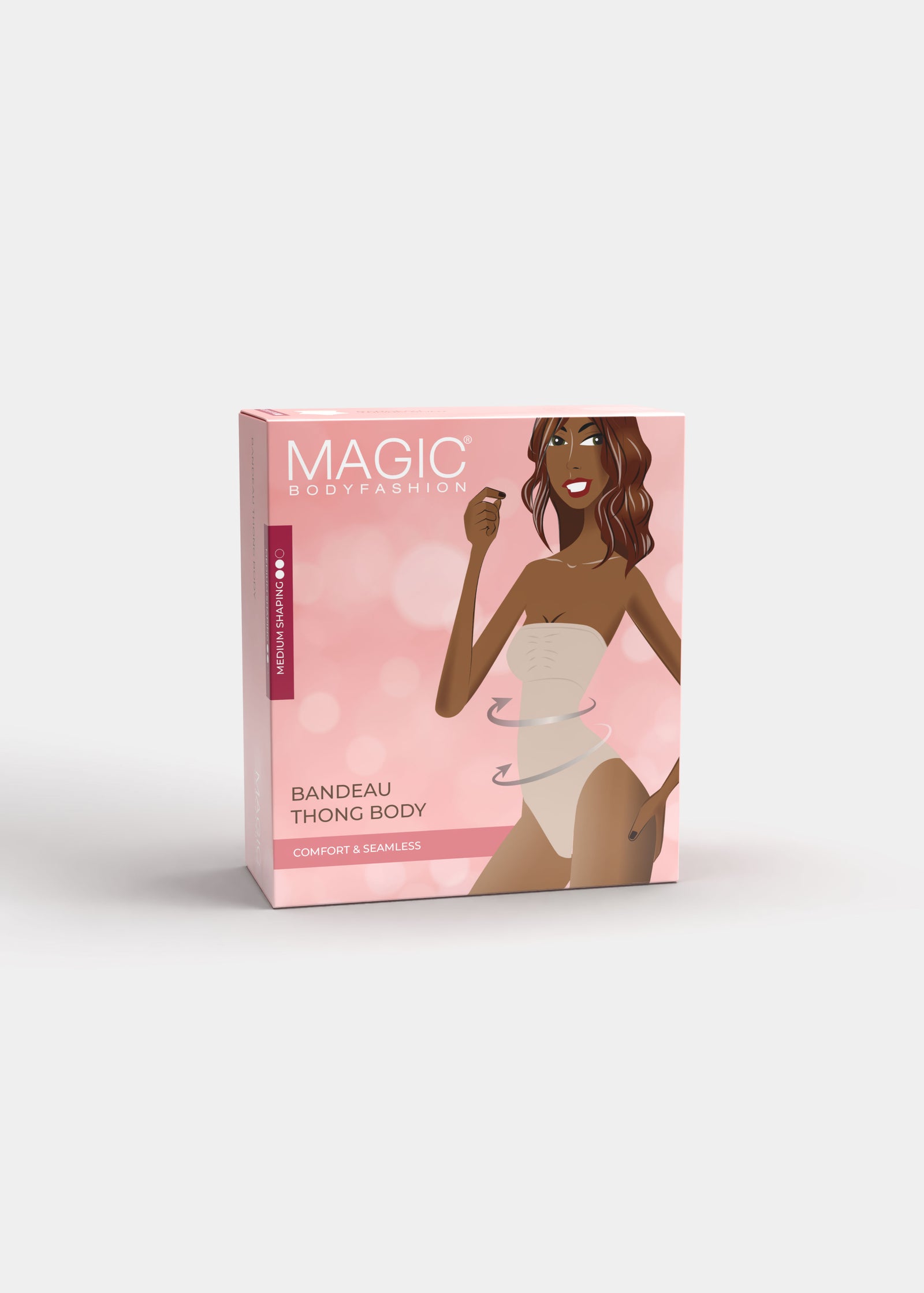Product packaging box of the Bandeau Thong Body, featuring branded design and product details on a sleek, minimal presentation box.