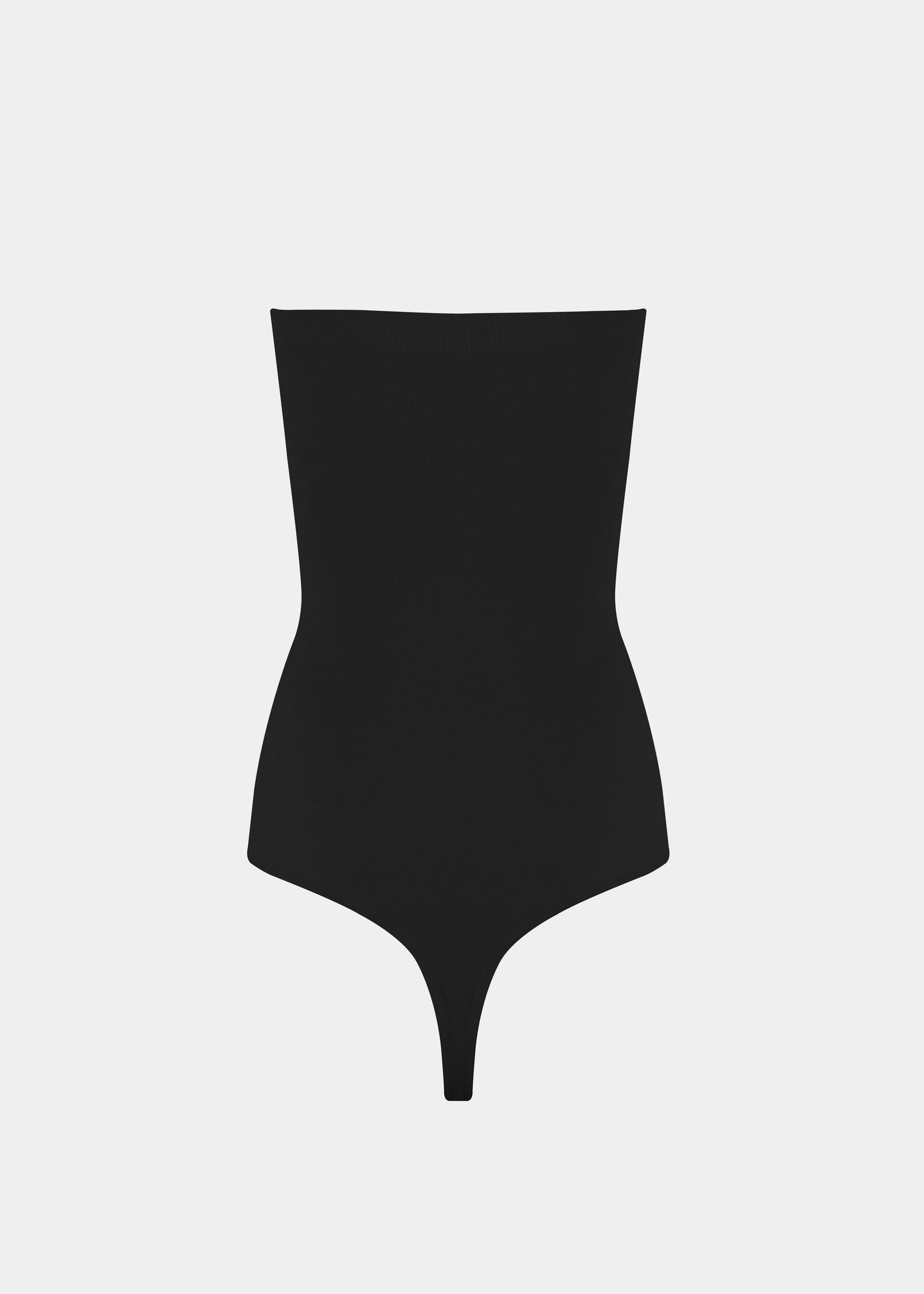 Still back product view of the black Bandeau Thong Body, highlighting the seamless design with medium shaping through the waist and back, a smooth bandeau finish, and a thong cut for an invisible look under clothing