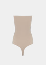 Still back product view of the latte-colored Bandeau Thong Body, showcasing the seamless design with medium shaping through the waist and back, a smooth bandeau finish, and a thong cut for an invisible look under clothing.