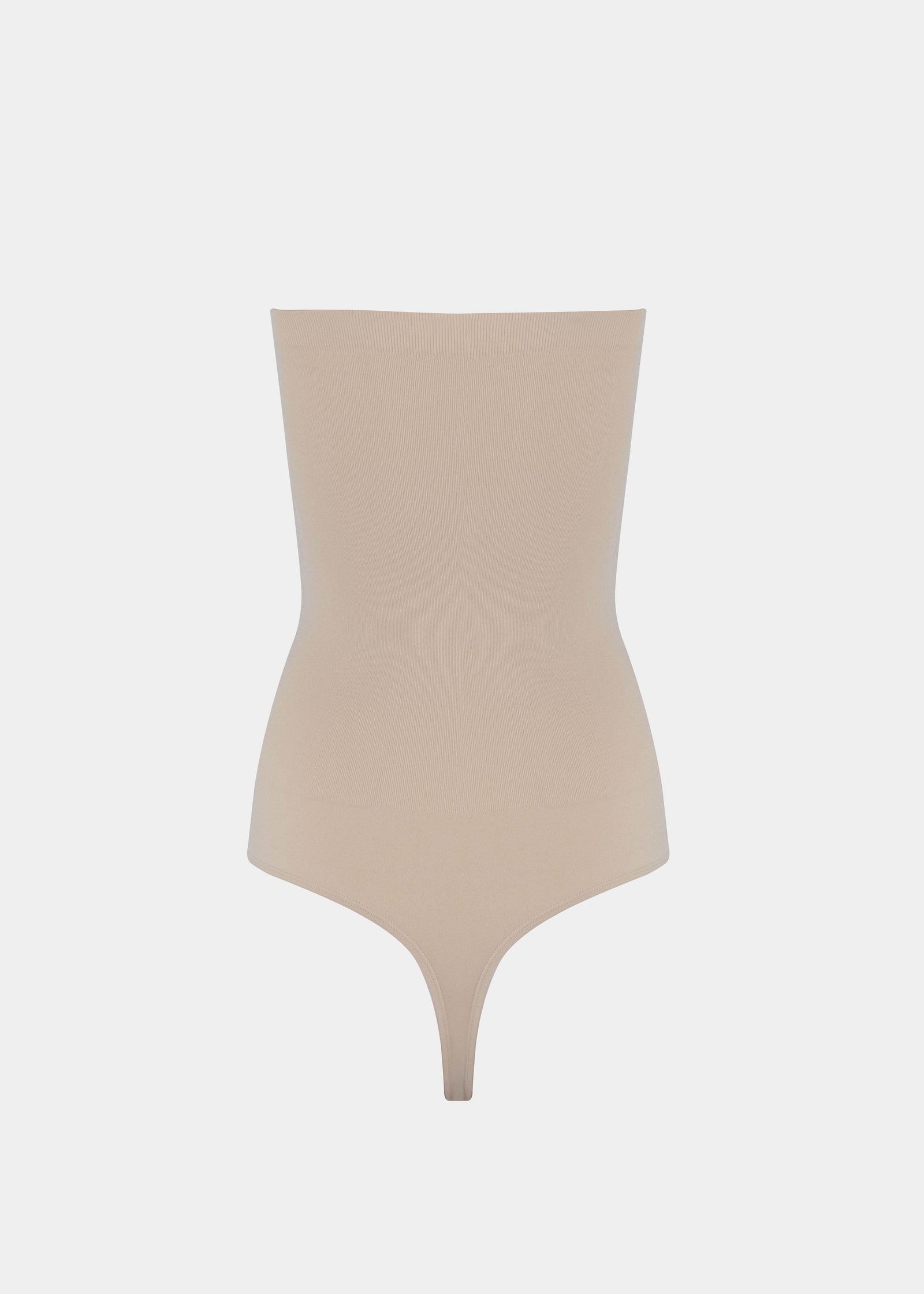 Still back product view of the latte-colored Bandeau Thong Body, showcasing the seamless design with medium shaping through the waist and back, a smooth bandeau finish, and a thong cut for an invisible look under clothing.