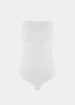 Still front product view of the white Bandeau Thong Body, showcasing the seamless bandeau neckline with silicone trim, built-in bust support, medium shaping through the waist and tummy, and a smooth, wireless finish.