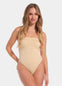 Front view of a model wearing the latte-colored Bandeau Thong Body, featuring a seamless, wireless bandeau design with built-in bust support, medium shaping through the waist and tummy, and a smooth, strapless silhouette.