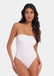 Front view of a model wearing the white Bandeau Thong Body, featuring a seamless, wireless bandeau design with built-in bust support, medium shaping through the waist and tummy, and a smooth, strapless silhouette.