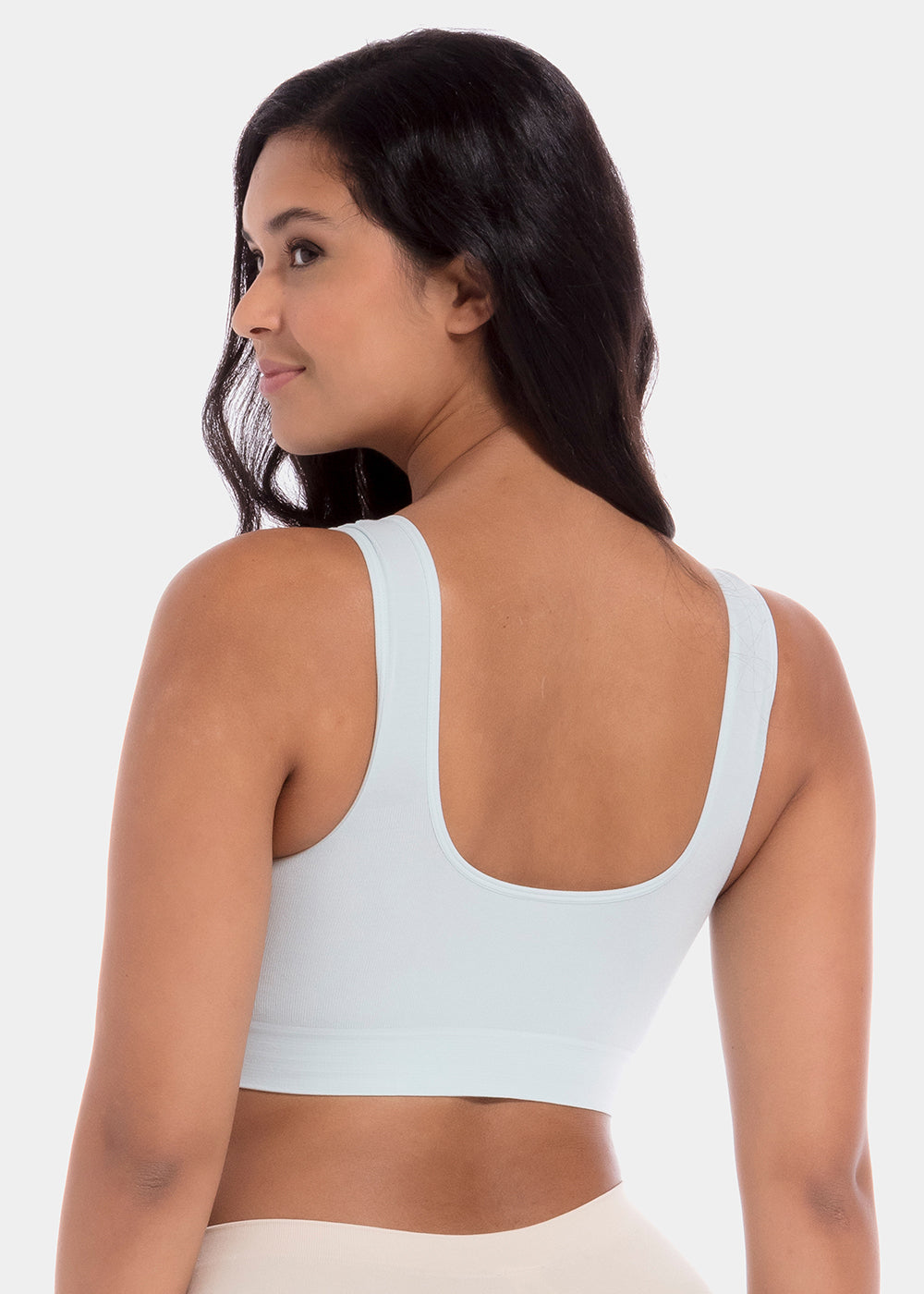 Woman wearing a light blue Bamboo Comfort Bra on a white background