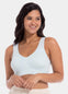 Woman wearing a light blue Bamboo Comfort Bra against a white background