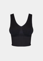 Front product view of the black Bamboo Shape Bra, featuring the soft bamboo fabric, wireless design with built-in support, removable inlay pads, wide underbust band for shaping, and wide straps for enhanced comfort.