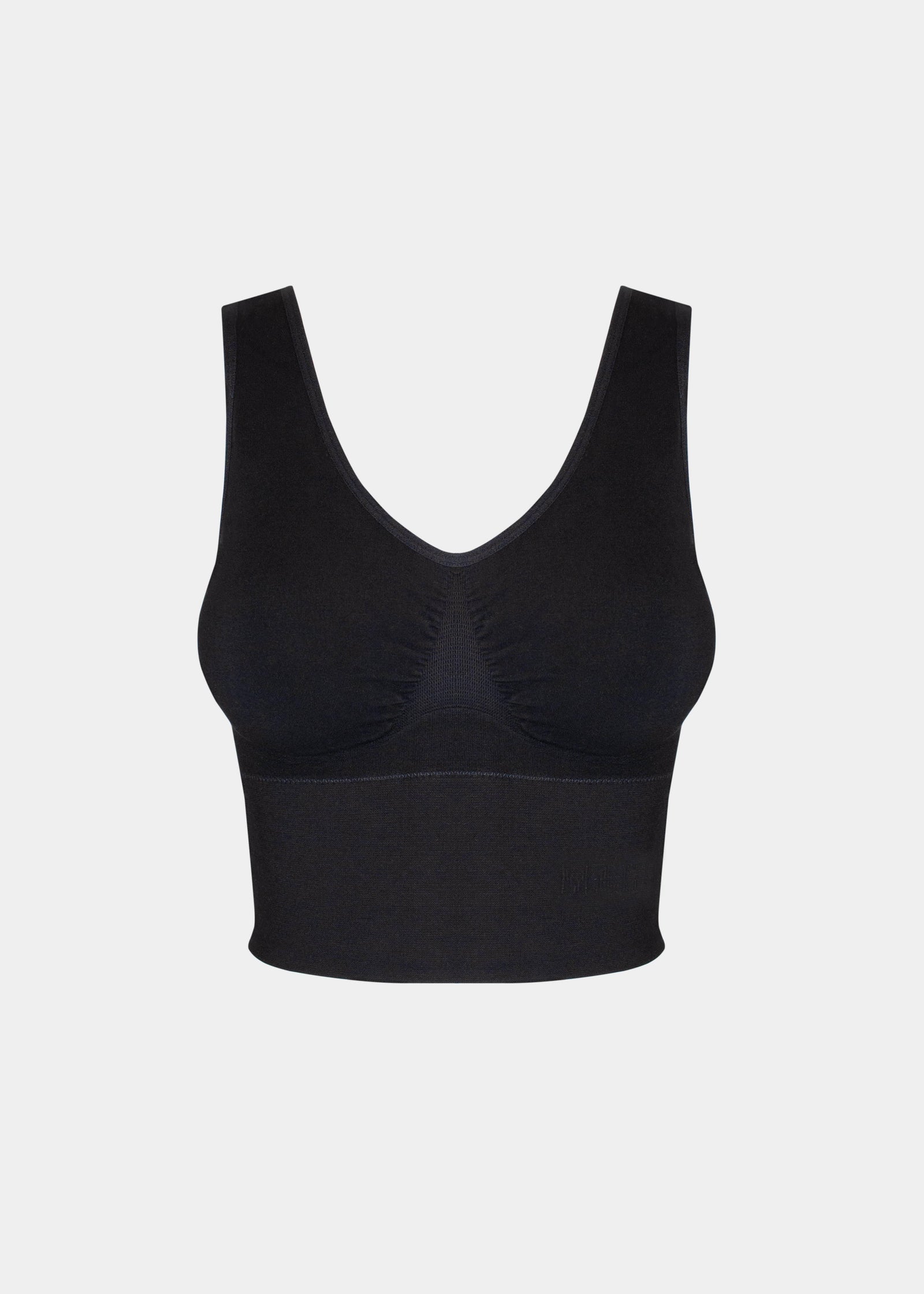 Front product view of the black Bamboo Shape Bra, featuring the soft bamboo fabric, wireless design with built-in support, removable inlay pads, wide underbust band for shaping, and wide straps for enhanced comfort.