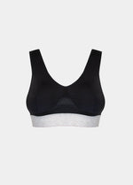 Front product view of the Salsa Bra, showcasing the soft, seamless wireless design with built-in support, removable pads, wide straps, and a silver sparkling band under the bust.