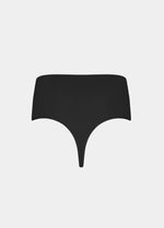 Back product view of the black Comfort Thong, highlighting the seamless, lightweight fabric, smooth edges, and minimal design for an invisible finish under clothing.