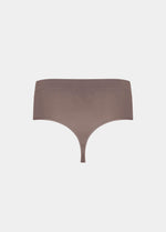 Still back product view of the espresso Comfort Thong, showcasing the soft, seamless fabric, smooth edges, and minimal design for a clean, invisible finish under clothing.