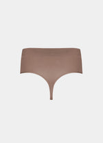 Still back product view of the macchiato-colored Comfort Thong, highlighting the seamless, lightweight fabric, smooth edges, and minimal design for a clean, invisible finish under clothing.
