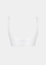 Back product view of the white Comfort Plunge Bra, featuring a smooth, seamless back with no closure, wide straps for added comfort, and a clean, minimalist finish.