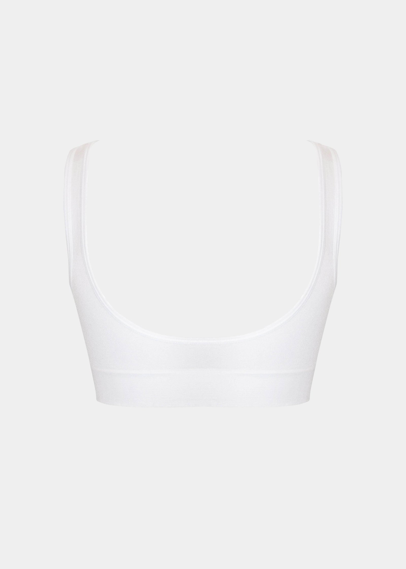 Back product view of the white Comfort Plunge Bra, featuring a smooth, seamless back with no closure, wide straps for added comfort, and a clean, minimalist finish.