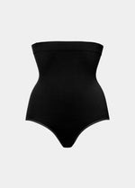 Still front view of a model wearing the black Comfort Waistnipper Brief, highlighting the high-rise waistband, smooth seamless fabric, and flattering tummy-smoothing design with an invisible finish under clothing.