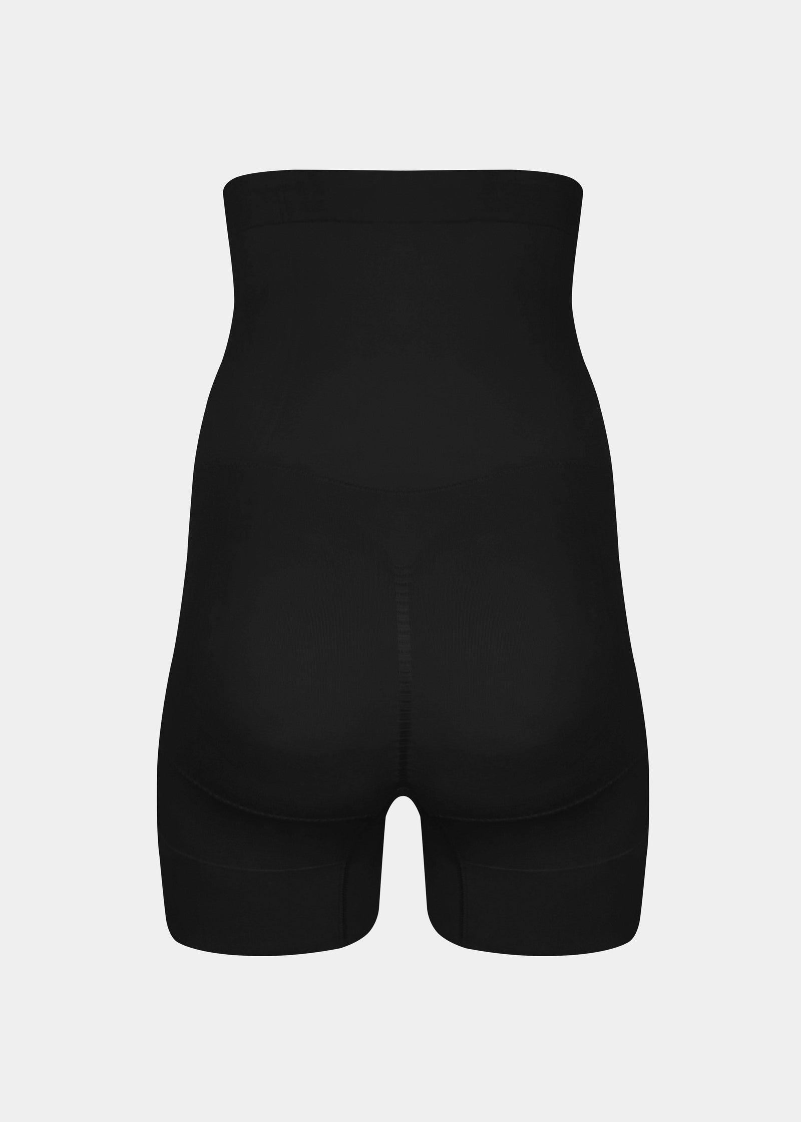Back product view of high-waisted seamless shaping shorts, showcasing the sculpting design with built-in lift zones, removable padding, and smooth, invisible finishing along the waistband and leg openings.