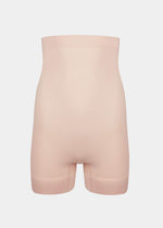 Still front product view of the latte-colored high-waisted seamless shaping shorts, showcasing the smooth, sculpting waistband, tummy-control panel, and clean, seamless finish designed for an invisible look under clothing.