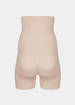 Back product view of the latte-colored high-waisted seamless shaping shorts, highlighting the lift-enhancing design, smooth seamless fabric, and clean leg openings for an invisible finish.