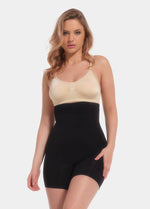 Front view of a model wearing a high-waisted seamless shaping short that smooths the tummy, hips, and thighs. The design features a clean, invisible finish with a snug, supportive fit and a flattering high-rise waistband.