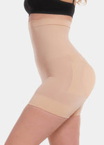 Side profile of the latte-colored high-waisted seamless shaping shorts, showing the smooth sculpting fit through the tummy and thighs with a subtle butt-lifting design and clean, invisible finish.