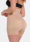 Side profile of the latte-colored high-waisted seamless shaping shorts, showing the smooth sculpting fit through the tummy and thighs with a subtle butt-lifting design and clean, invisible finish.