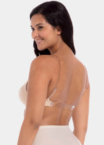 A woman wearing an comfort bra with transparent shoulder straps and back strap, both removable.