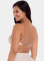 A woman wearing an comfort bra with transparent shoulder straps and back strap, both removable.