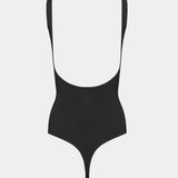 Black swimsuit with a deep neckline on a white background