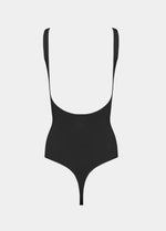 Black swimsuit with a deep neckline on a white background