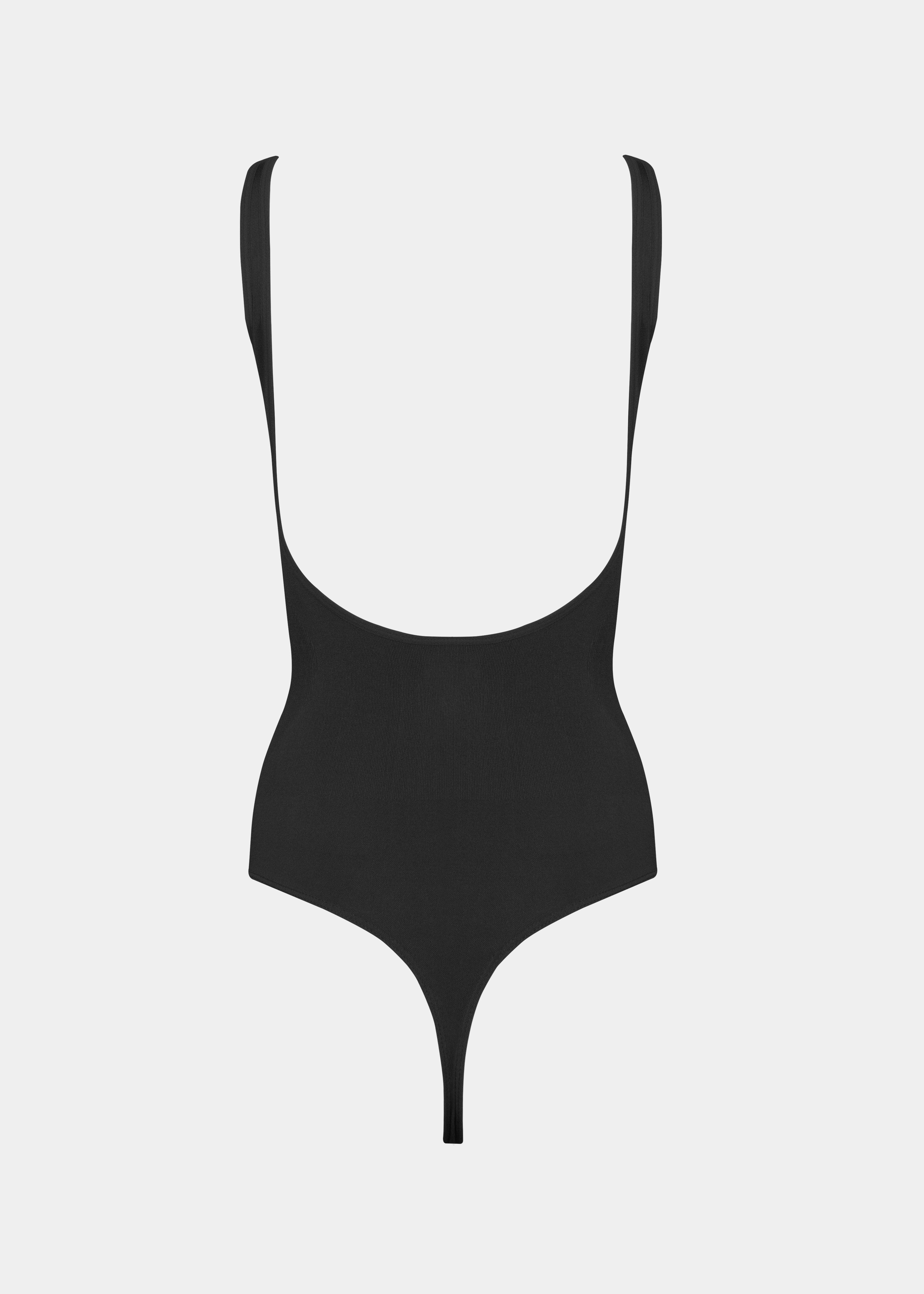Black swimsuit with a deep neckline on a white background