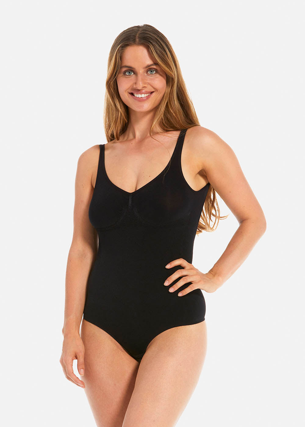 Woman wearing a black swimsuit on a white background