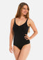 Woman wearing a black swimsuit on a white background