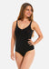 Woman wearing a black swimsuit on a white background