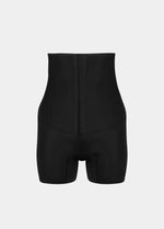 A high-waisted black Body Control Bermuda with a hook-and-eye front closure. Still front view