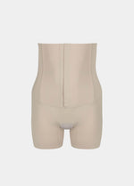 A high-waisted latte bermuda shorts with a hook-and-eye front closure.