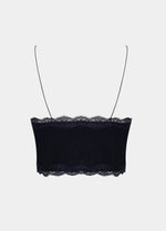 a black cozy crop top with V-neckline and lace detail, with ultra thin spaghetti straps. still back view 